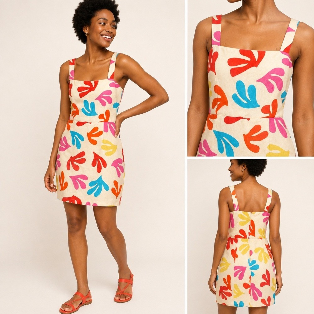 KITRI Ivy Multi Leaf Print Mini Dress Lyocell Linen Square Neck Womens US 6